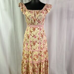 NWT BAROK Light Beige & Pink Floral Embroidered Ruffled Square Neck Maxi Dress